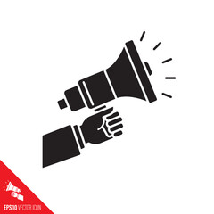 Hand of businessman holding a megaphone vector icon. Politics, marketing and advertising symbol.