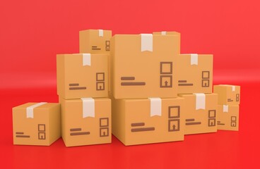 Pile of stacked cardboard box. delivery packages isolated. Minimal icon. 3d rendering.