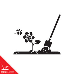 Gardening concept vector glyph icon. Shovel in soil, flower and bee symbol
