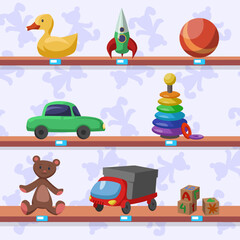 Plastic and rubber toys for kids on shelves vector illustration. Cartoon drawing of rubber duck, ball, plastic rocket, car, pyramid, truck in shop or store. Childhood, entertainment, leisure concept