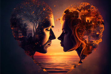 Generative AI picture of loving couple over ocean against sundown sky