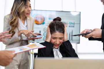 Fototapeta premium Stressed overwhelmed business worker feels tired at work overload exhausted suffering from headache