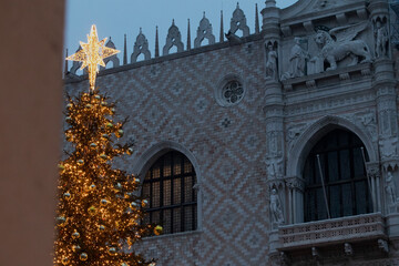 Christmas tree in the St. Mark's square in Venice, Italy, in front of doge's palace 