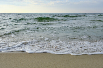 Beach Baltic Sea coast with quartz sand and rolling waves.