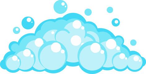 Soap foam set with bubbles. Carton light blue suds of bath water, shampoo, shaving, mousse.