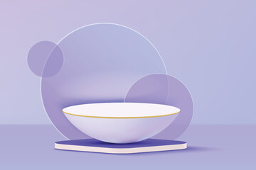 Semi-circle podium with translucent round glassmorphism on blue background. Pedestal pastel minimal showcase mockup. Stage for display of product design. 3d illustration.