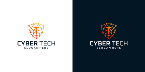 Cyber tech logo design template with initial letter T graphic design vector illustration. Symbol for tech, security, internet, system, Artificial Intelligence and computer.