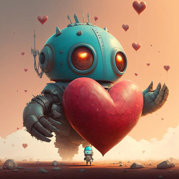 Generative AI picture of large robot with heart and kid on sandy terrain