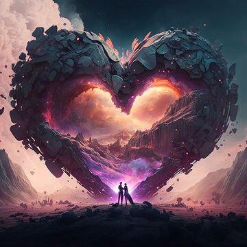 Generative AI image of couple near heart in fantasy highland
