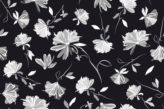 seamless pattern of white grey outline doodle drawing flowers. white flowers on a black background. Vector modern art illustration for printing on wallpaper, fabric, cover, template