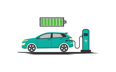 Flat vector illustration of electric car charging at charging station. with green color car, eco-friendly