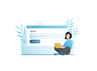 Girl in laptop on website enters name in specified form for registration, authorization. Login. Woman's username on Internet to enter page, account, profile on Internet. Data protection. - obrazy, fototapety, plakaty