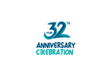 32th, 32 years, 32 year anniversary celebration fun style logotype. anniversary white logo with green blue color isolated on white background, vector design for celebrating event