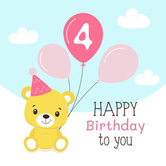 Cute greeting card with bear. Children's  Happy birthday 4 years old.