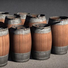 Fototapeta premium beautiful wooden and metal barrels, for liquid storage, fantasy, ai