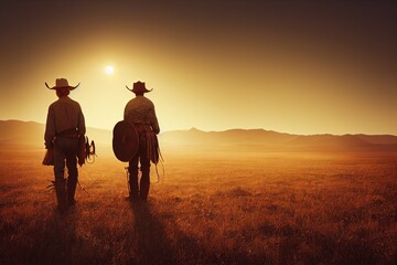 Silhouette of Cowboys at Sunset with Space for Copy (Generative AI)