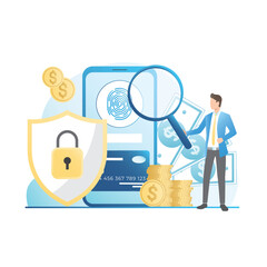 Protection of banking data of debit, credit cards on Internet. Vector man saves money, stacks of gold coins, cash finances in app with fingerprint, password, shield, padlock. Business in smartphone.