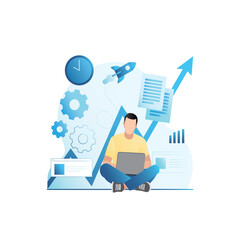 Vector man sits with laptop working in office on launch of new, successful project, profitable start-up, company development strategy, documents, analysis of charts. Rocket flies up, gears, arrow.