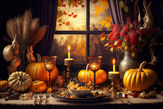 Dinner on Thanksgiving Day, Thanksgiving dinner was served at a table adorned with candles, bright fall foliage, and pumpkins. Beautiful table setup, backdrop of Thanksgiving. Vertical picture