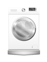 Washer. Realistic domestic electronic device. White automatic machine washes garment with water and detergent. Vector modern housework equipment