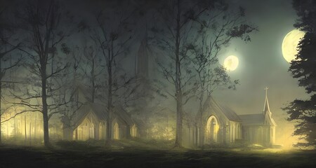 Fototapeta na wymiar 霧の中で林に佇む月に照らされた教会_26