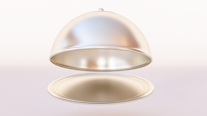 3D render of silver tray and cloche isolated on white background.