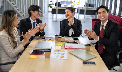 Team working by group video call meeting share ideas brainstorming negotiating use video conference