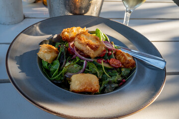 Healthy vegetarian Mediterranean food, Grilled Halloumi cheese Salad with green lettuce, onion and cucumber
