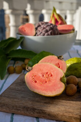 Tasty tropical exotic fruits, ripe fresh pink guava