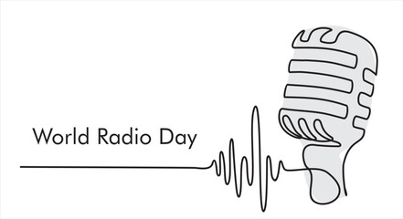 Continuous one line drawing of microphone. World radio day concept. Continuous line draw design graphic vector illustration.