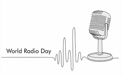 Continuous one line drawing of microphone. World radio day concept. Continuous line draw design graphic vector illustration.