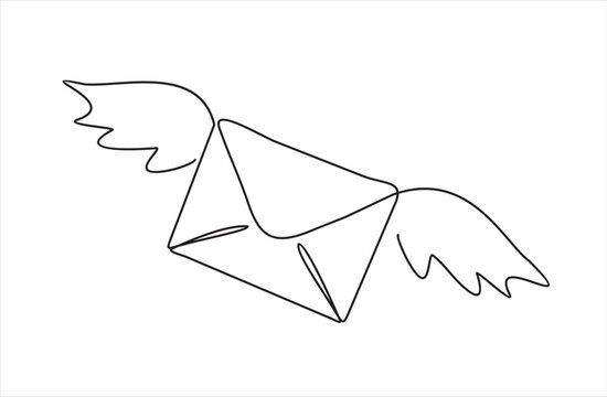 recommend clip art: Flying envelope in continuous line art drawing style. Letter with wings minimalist black linear design isolated on white background. Vector illustration
