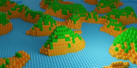 Top view of tropical islands made of plastic blocks with crystal clear blue water. Conceptual 3d rendering landscape illustration
