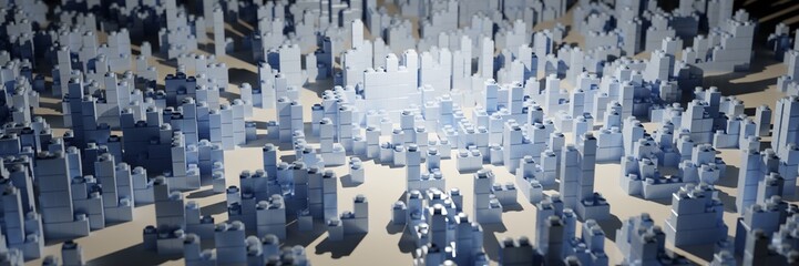 View of high buildings made of plastic blocks. Abstract city landscape 3d render illustration.