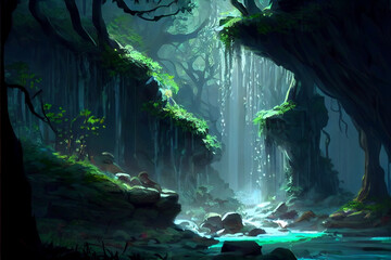 magical fantasy forest with river or lake , background, Generative AI