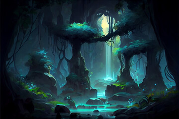Fototapeta premium magical fantasy forest with river or lake , background, Generative AI