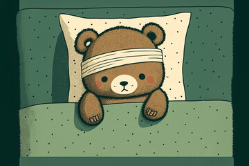 Teddy bear with bandage laying in bed. Generative AI.