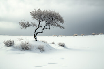 Lonely tree standing in winter landscape. Generative AI.