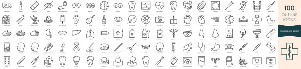 Set of medical and dental icons. Thin outline icons pack. Vector illustration
