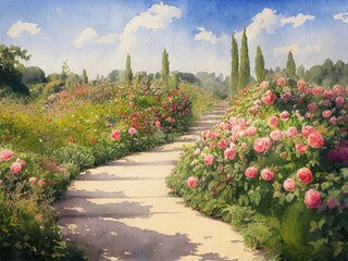 植物園のバラと小道、水彩画