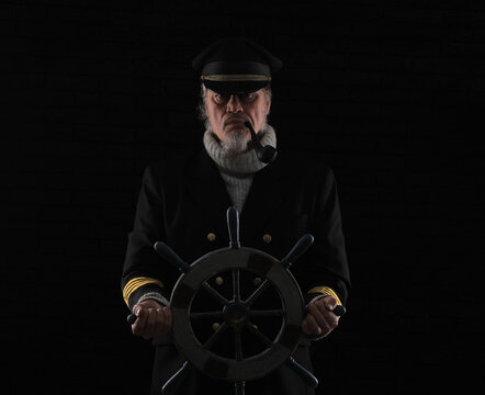 ship captain at the steering wheel