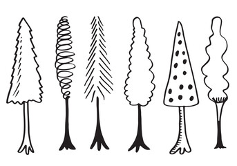 doodle park forest conifer abstract silhouettes outlined trees in black color collection set