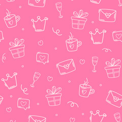 Birthday seamless pattern. Party decorative items. Birthday cream cakes, gift boxes, garlands. Hand drawn background for a party, holiday for children, festival. Vector cartoon illustration.