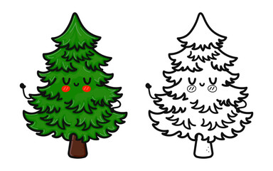 Funny cute happy Christmas tree characters bundle set. Vector hand drawn cartoon kawaii character illustration icon. Cute spruce. Outline cartoon illustration for coloring book