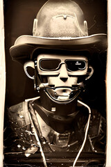 collodion wet plate portrait illustration of a robot during wild west time, generative ai