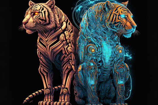 Cartoon cyborg futuristic image of a tiger and lion for use on clothing and posters. Generative AI