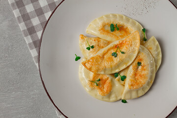 Pierogi, a traditional dish of Polish cuisine, dumplings, top view, close-up, no people,