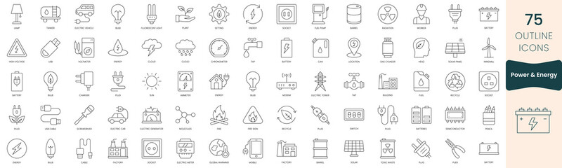 Set of power and energy icons. Thin outline icons pack. Vector illustration