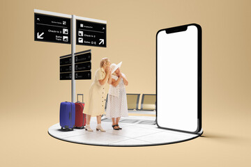 Two senior women, ladies travelling together, looking on huge 3D model of phone screen, buying...