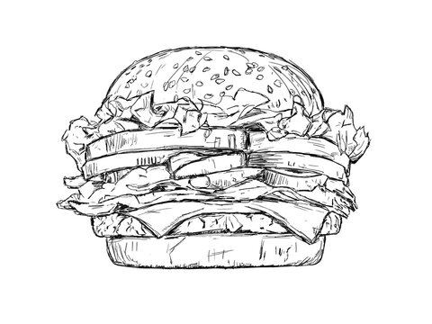 Sketch of a complete hamburger with lettuce, tomato, bacon and cheese. Junk food sketch. Isolated black hand drawn burger.